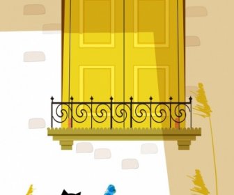 Rumah Kucing Latar Belakang Kuning Jendela Rumput Dekorasi
