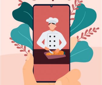 Home Cooking Banner Smartphone Cook Sketch Classical Design