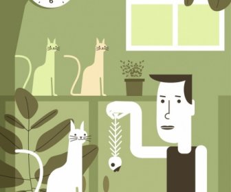 家庭圖畫人食物貓圖示古典設計