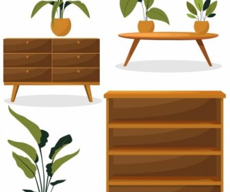 Home Furniture Design Elements Shelf Table Pots Icons