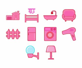 home furniture icons set pink flat design