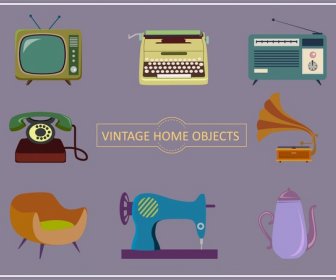 Home Objects Icons Illustration With Vintage Style
