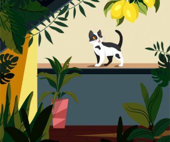 Home Painting Cat Garden Balcony Sketch Colorful Classical