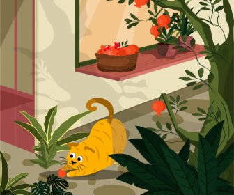 家のペットの絵画遊び心のある猫の観葉植物のスケッチ