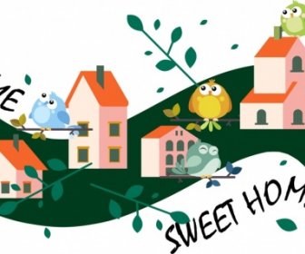Home Sweet Home Background Cute Birds Houses Icons