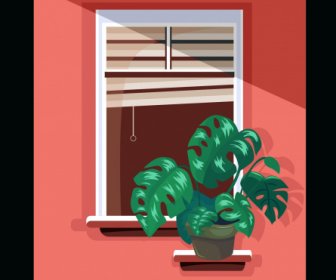 Home Window Painting Plant Pot Decor Flat Classic