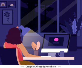 Rumah Bekerja Melukis Sketsa Komputer Wanita Desain Gelap