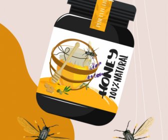 蜂蜜広告バナーミツバチ瓶のスケッチクラシックデザイン