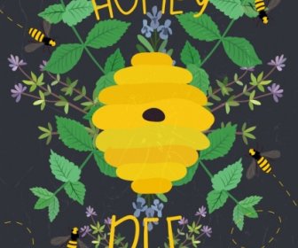 Honigbiene Werbung Gelber Bienenstock Grüne Blätter Dekoration