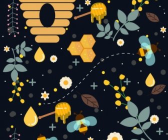 Honey Bee Background Colored Flat Icons Repeating Design