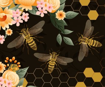 Honey Bees Background Colorful Design Dark Modern