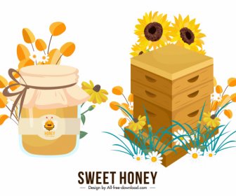 Honey Design Elements Colorful Jar Flowers Honeycomb Sketch