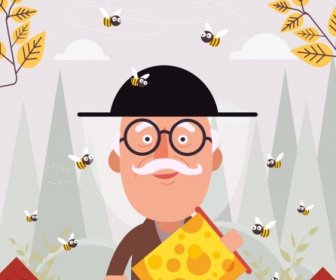 Honey Farm Background Man Bees Icons Cartoon Design