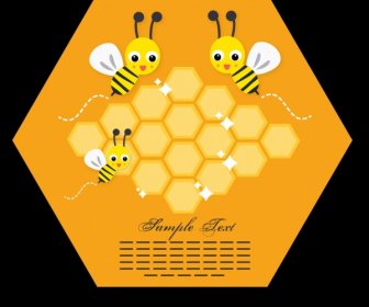 Honigbienen Hintergrund Niedlichen Cartoon Stilisierte Symbole Geometrischen Rahmen