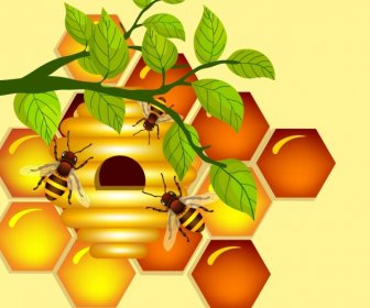 สีพื้นหลังรังผึ้งหกเหลี่ยมออกแบบไอคอนผึ้งใบ
