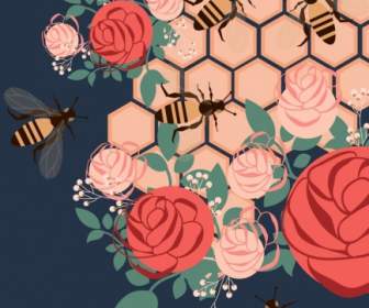 Honeycomb Background Multicolored Design Rose Bee Icons