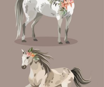 horse icons handdrawn grey sketch flower decor