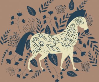 馬の絵、花、葉、装飾、古典的な輪郭