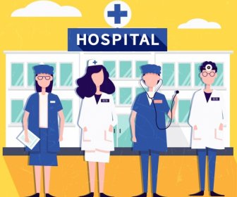 Krankenhaus Hintergrund Arzt Krankenschwester Symbole Farbige Cartoon
