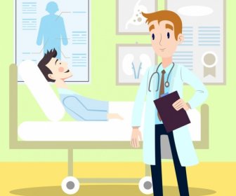 Ospedale Medico Paziente Icone Colorate Di Personaggi Dei Cartoni Animati