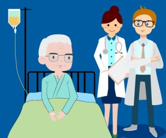 Krankenhaus-Zeichnung Ärzte Alte Patienten Ikonen Farbige Cartoon