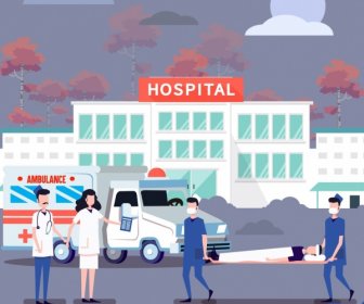 Krankenhaus-Zeichnung Ärzte Patienten Symbole Farbige Cartoon