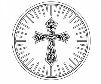 Host Religion Icon Black White Holy Cross Rays Decor Round Shape Outline