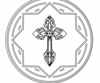 Religión Anfitriona Signo Icono Santa Cruz Boceto Negro Blanco Geometría Simétrica Contorno