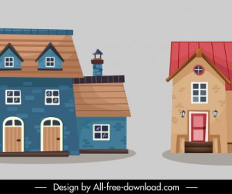 House Architecture Icons Colorful Classic Sketch
