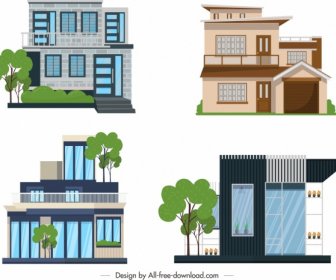 House Building Icons Colored Modern Design
