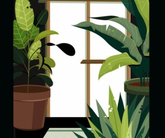 House Decorative Painting Window Flowerpot Sketch Retro Design