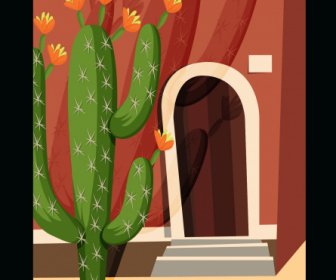 House Exterior Painting Cactus Decor Retro Sketch