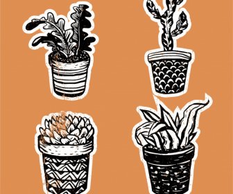 Houseplant Icons Classical Black White Handdrawn Sketch