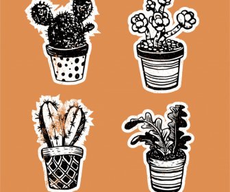 комнатные растения иконы ретро дизайн ручной эскиз