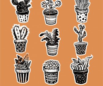 Zimmerpflanzen Symbole Retro Handgezeichnete Skizze