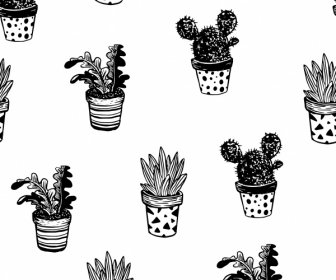 Plantas Domésticas Patrón Blanco Negro Clásico Dibujado A Mano Boceto