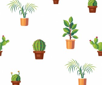 Houseplants Pattern Potted Trees Elements Bright Colored Decor