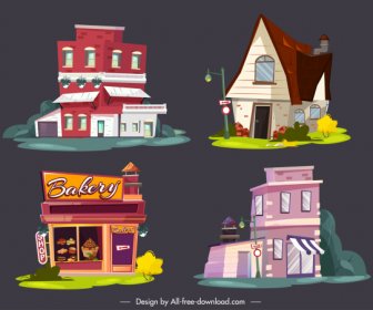 Houses Icons Colorful Contemporary Shapes Sketch