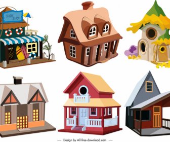 Häuser Symbole Bunt Vintage Zeitgenössische 3D-Skizze