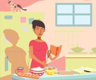 Housewife Background Pastry Work Icon Cartoon Design