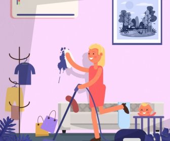 Housewife Background Woman Cleaning Icon Cartoon Character