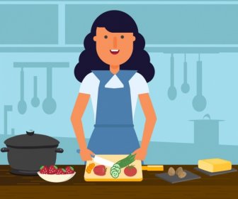 Housewife Background Woman Cooking Work Icons Cartoon Design