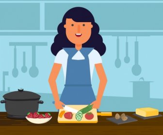 Ibu Rumah Tangga Latar Belakang Wanita Memasak Kerja Ikon Kartun Desain