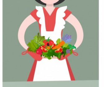 Housewife Background Woman Vegetable Icons Colored Cartoon