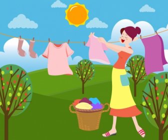 домохозяйка сушки одежды рисунок женщина цветной мультфильм дизайн
