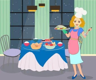 Housewife Drawing Woman Preparing Diner Colored Cartoon