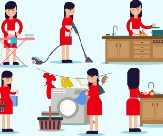 Housewife Icons Collection Cartoon Characters