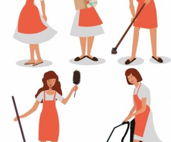 Housewife Icons Collection Colored Cartoon Characters