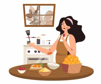 Ama De Casa Trabajo De Fondo Señora Utensilios De Cocina Diseño De Dibujos Animados