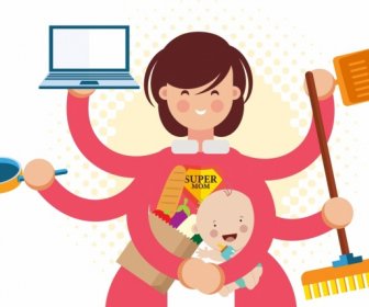 Housewife Work Background Mother Kid Multihands Icons